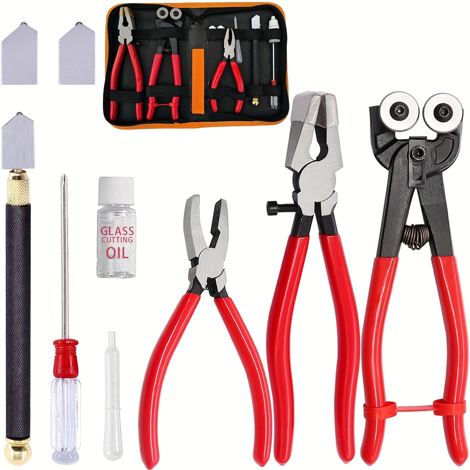 glass cutting tool set kit wheeled glass tile nippers glass running pliers breaking pliers oil feed glass cutter set with leather zipper bag for stained glass tiles mosaic mirrors bottle fusing