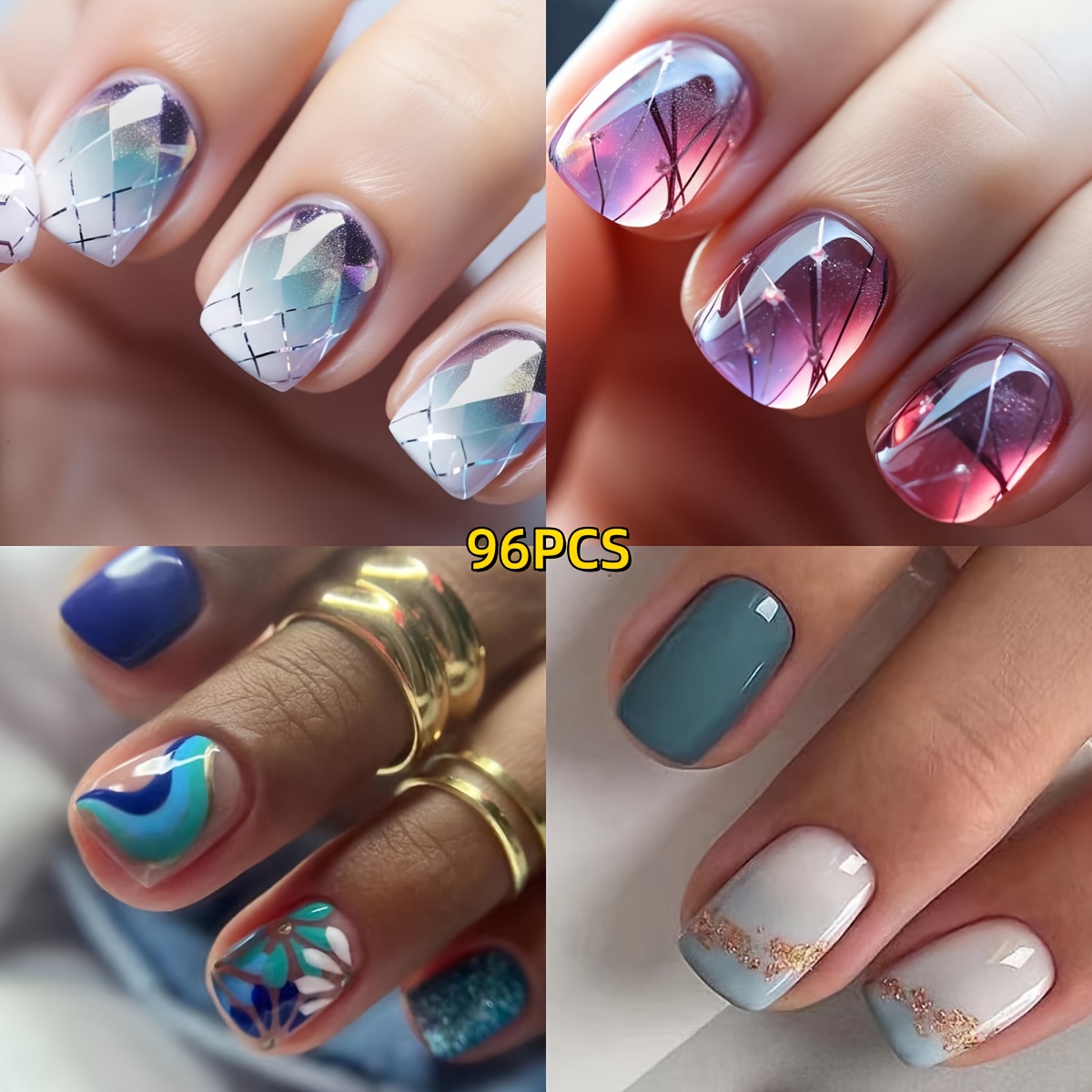 TEMU 96pcs Square Press-on Nail Set - Glossy Finish, Mixed Colors With Botanical Patterns - Fashion Style, Reusable False Nail Kit For Easy Diy - Chic Nail Art For Women And