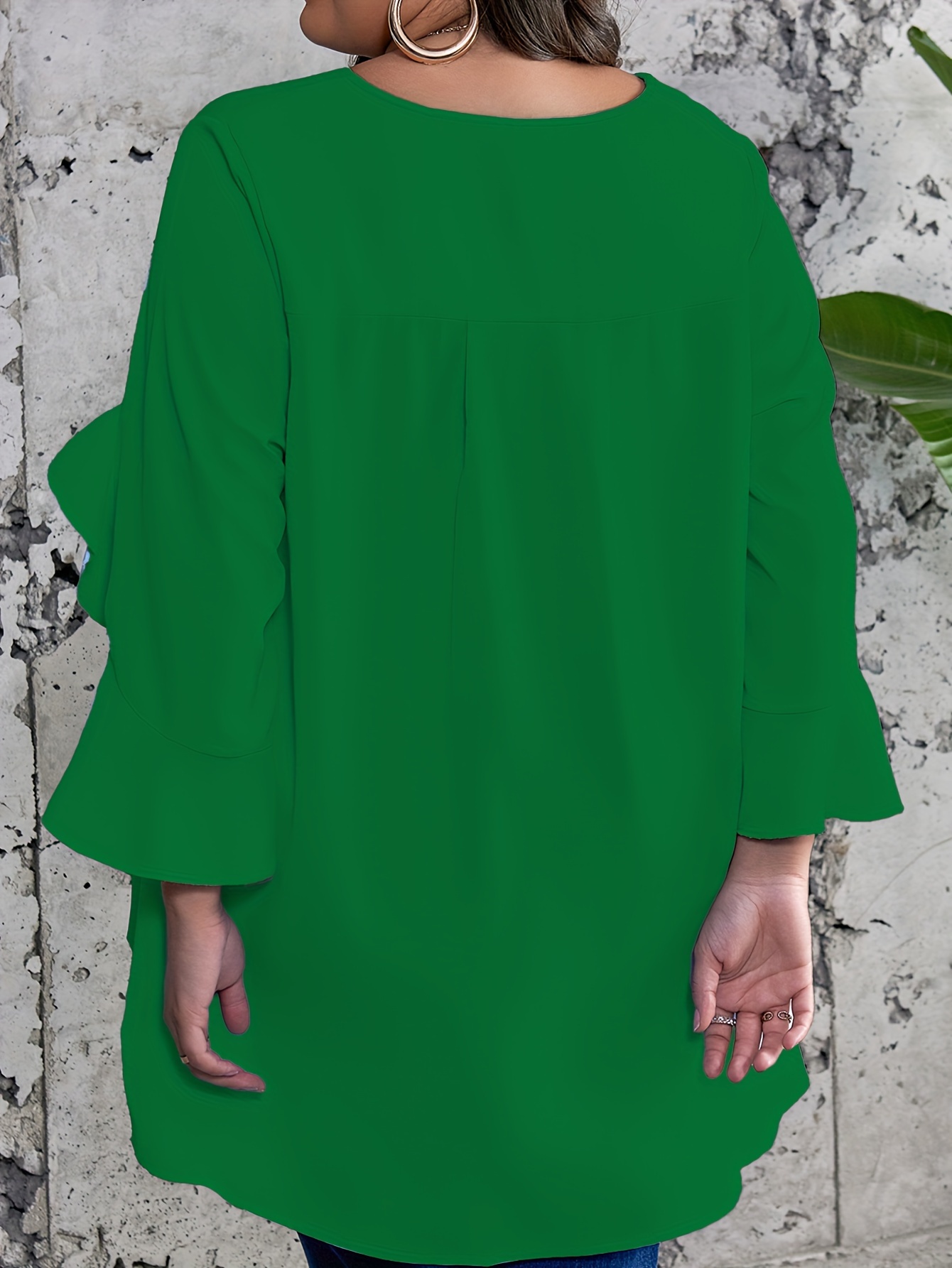 Plus Size Solid Ruffle Sleeve Blouse, Casual Crew Neck Irregular Hem Blouse For Spring, Women's Plus Size?Clothing