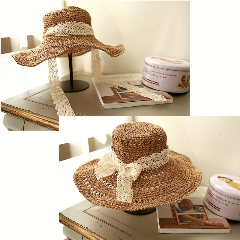 Foldable Breathable Uv Protection Straw Sun Hat Lace Ribbon - Temu