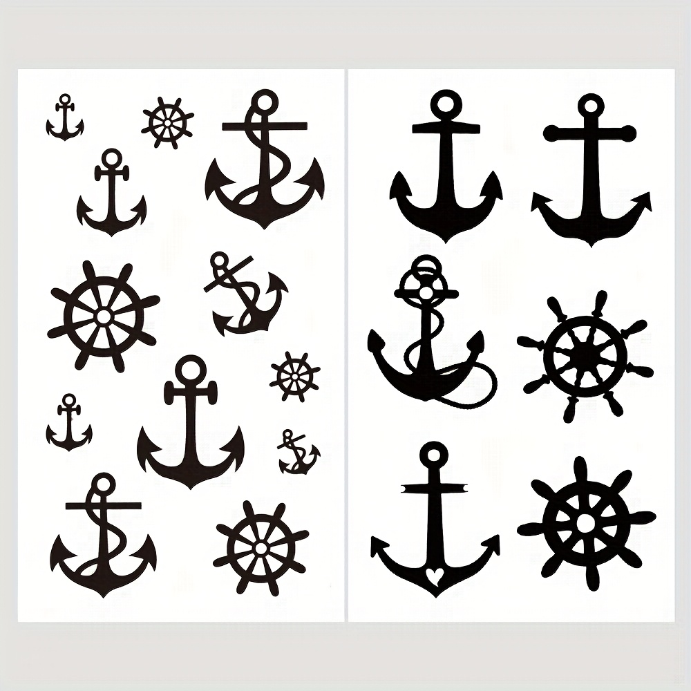 2pcs Waterproof Temporary Tattoos | Black Naval Ship Anchor And Wheel Designs For Men And Women On Fingers, , Legs, And Neck - Festival Party Gift