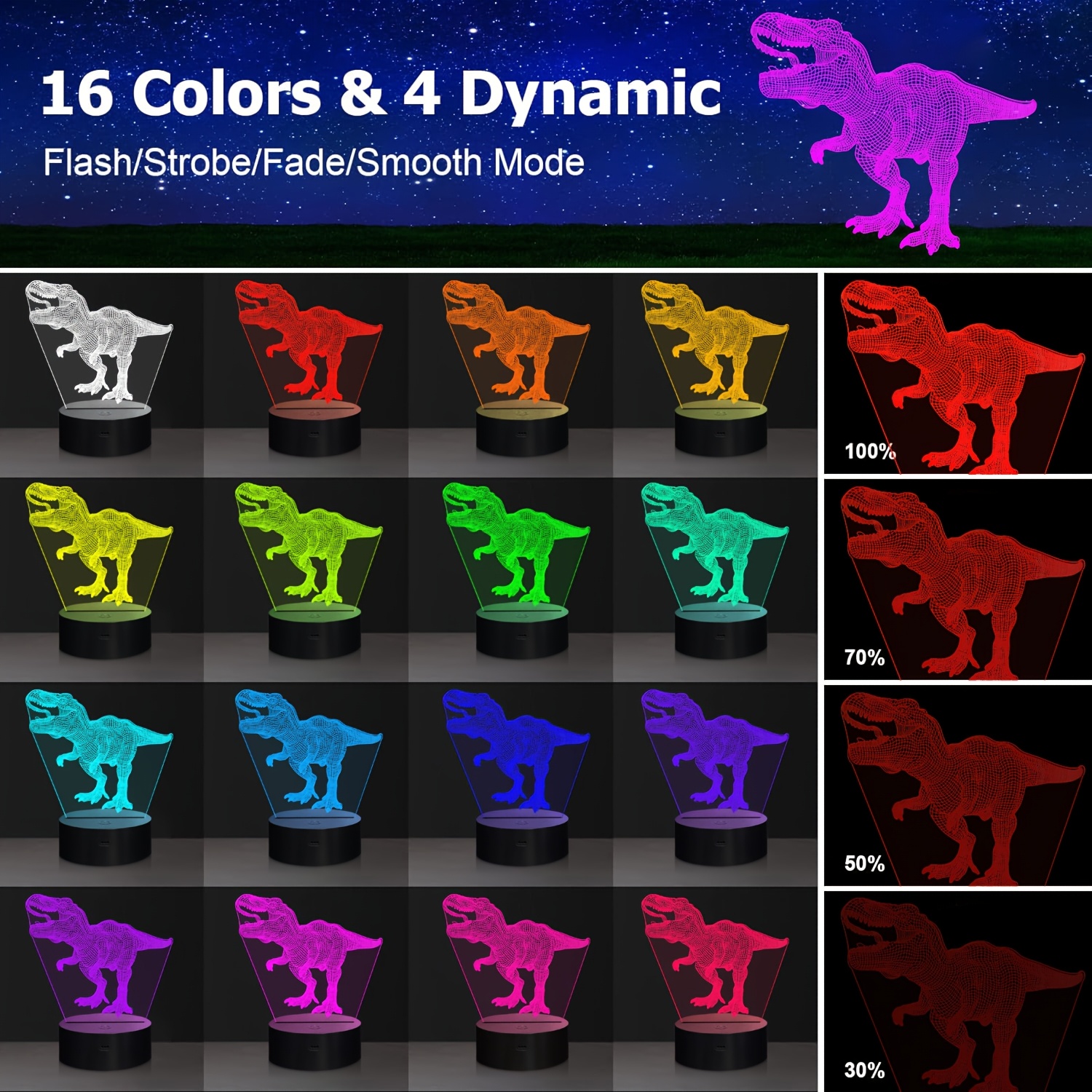 恐龙玩具，3d霸王龙夜灯带遥控与智能触控+16色变换可调光恐龙3d灯，男孩儿童礼物，理想生日与节日礼物，卧室台灯，氛围灯，桌面配件 商品详情 1