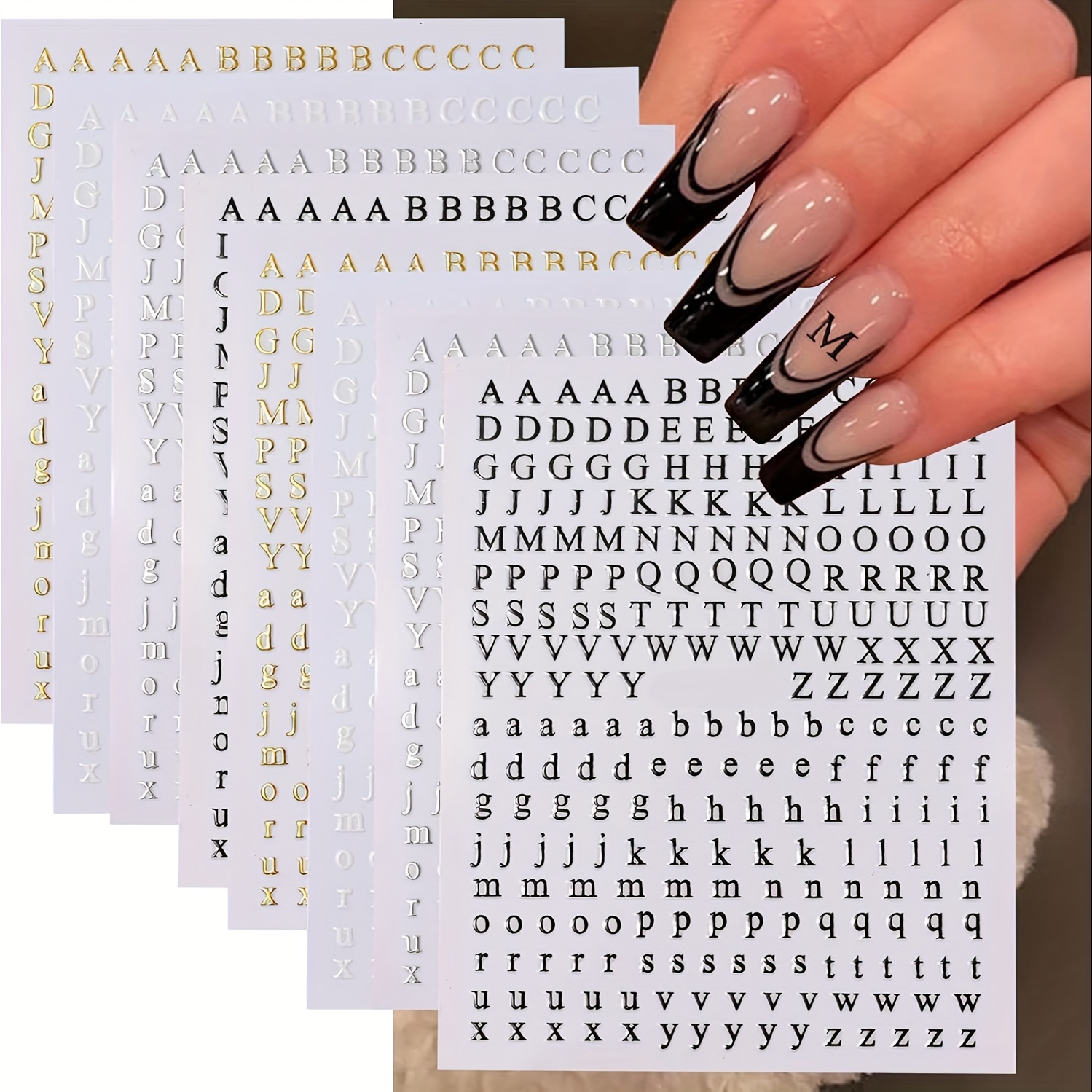 

8 Sheets Letters Nail Art Stickers English Alphabet Nail Decals 3d Self-adhesive Metallic Golden Silvery Nail Sticker Black Alphabet Nail Art Supplies For Women Girls Diy Nail Decoration Manicure