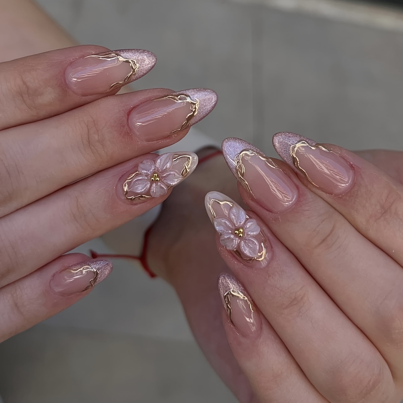TEMU 24pcs Danartlux Press On Nails Suitable For Women - Almond Shape Medium Length Nude Pink Cat Eye With 3d Flower Tips, Glossy Full Cover Reusable