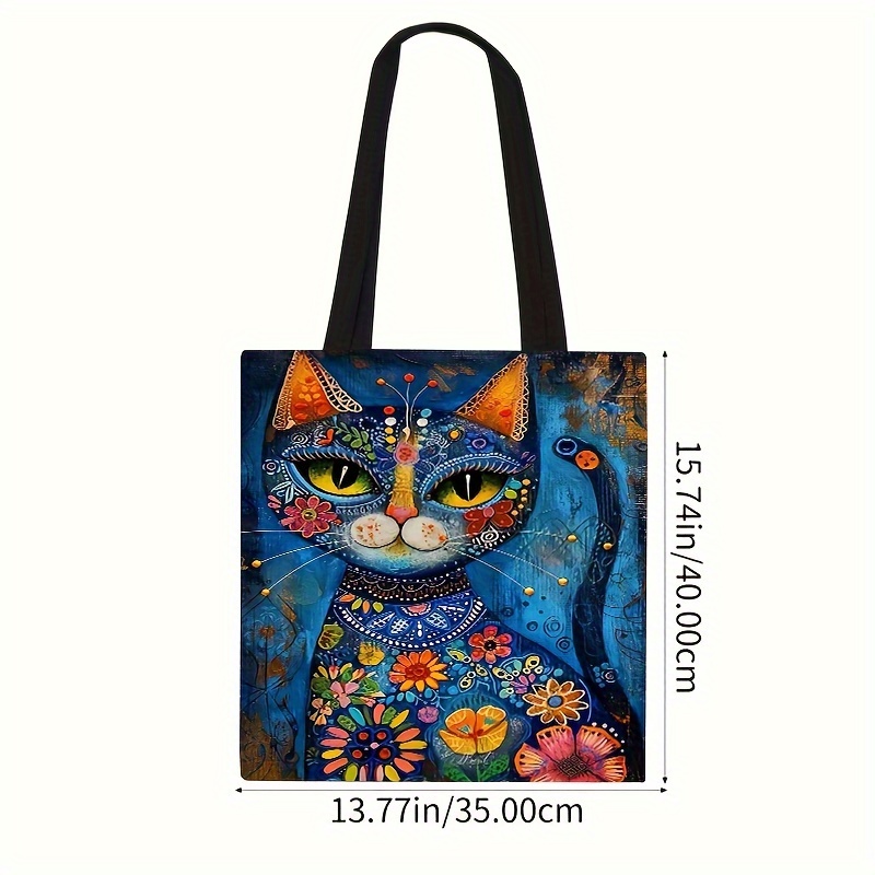 TEMU Boho-chic Cat Print Canvas Tote Bag - Spacious & Durable, Perfect For Beach, Travel & Everyday Use With Comfortable Shoulder Strap