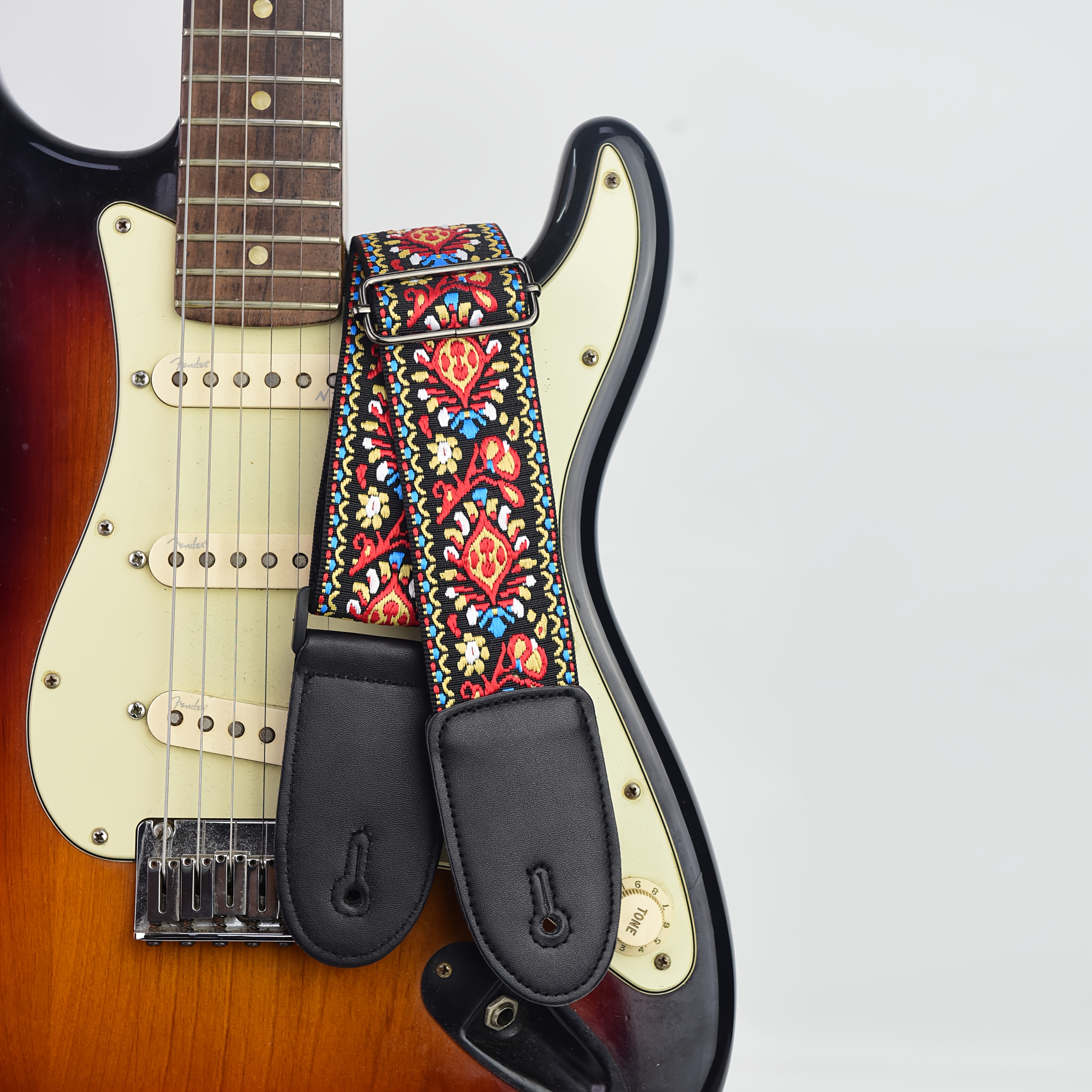 

Vintage Embroidered Guitar Strap With Leather Ends For Bass, Electric & Acoustic Guitars - Comfortable Fabric Material, Red