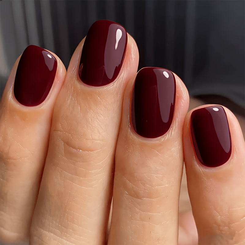 TEMU 48 uñas postizas cortas cuadradas, color vino sólido, estilo fácil, reutilizables, adecuadas para uso diario en , y fiestas