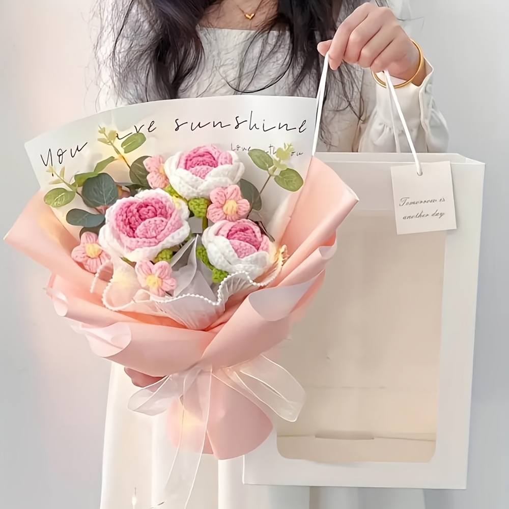 Image of And Blue Crochet Flower Bouquet - Handcrafted Artificial Flowers With Inspirational Message - Ideal For Mother's Day, Christmas, Thanksgiving, Valentine's, Weddings And Home Decor