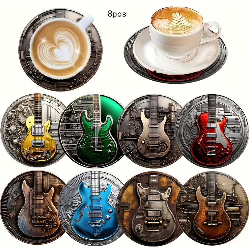 TEMU 8pcs 8pcs Coaster Set Suitable For - Wood Guitar-shaped Drink Holders, -themed Table Protectors For Decor, Gifts For Musicians, Christmas, Beer