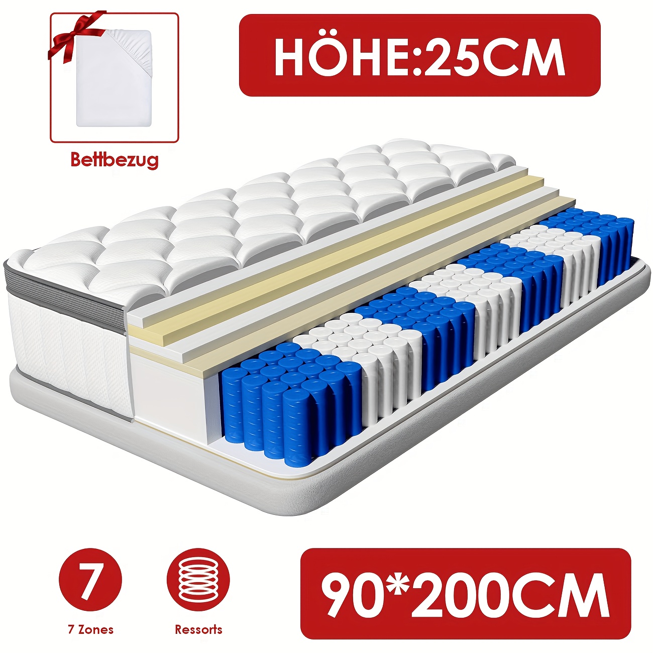 Image of | Gronfont Mattress 180x200/160x200, 140x200/120x200, 100x200/90x200/80x200cm, Height 25cm/28cm, Premium Mattress, Ergonomic 7-zone Mattress, Hardness H3, Spring Mattress With Fitted Sheet