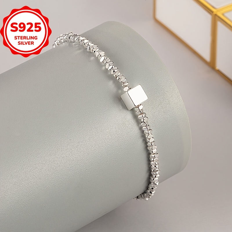 925 Silver Small Square Pendant Chain Bracelet Gift for All Season