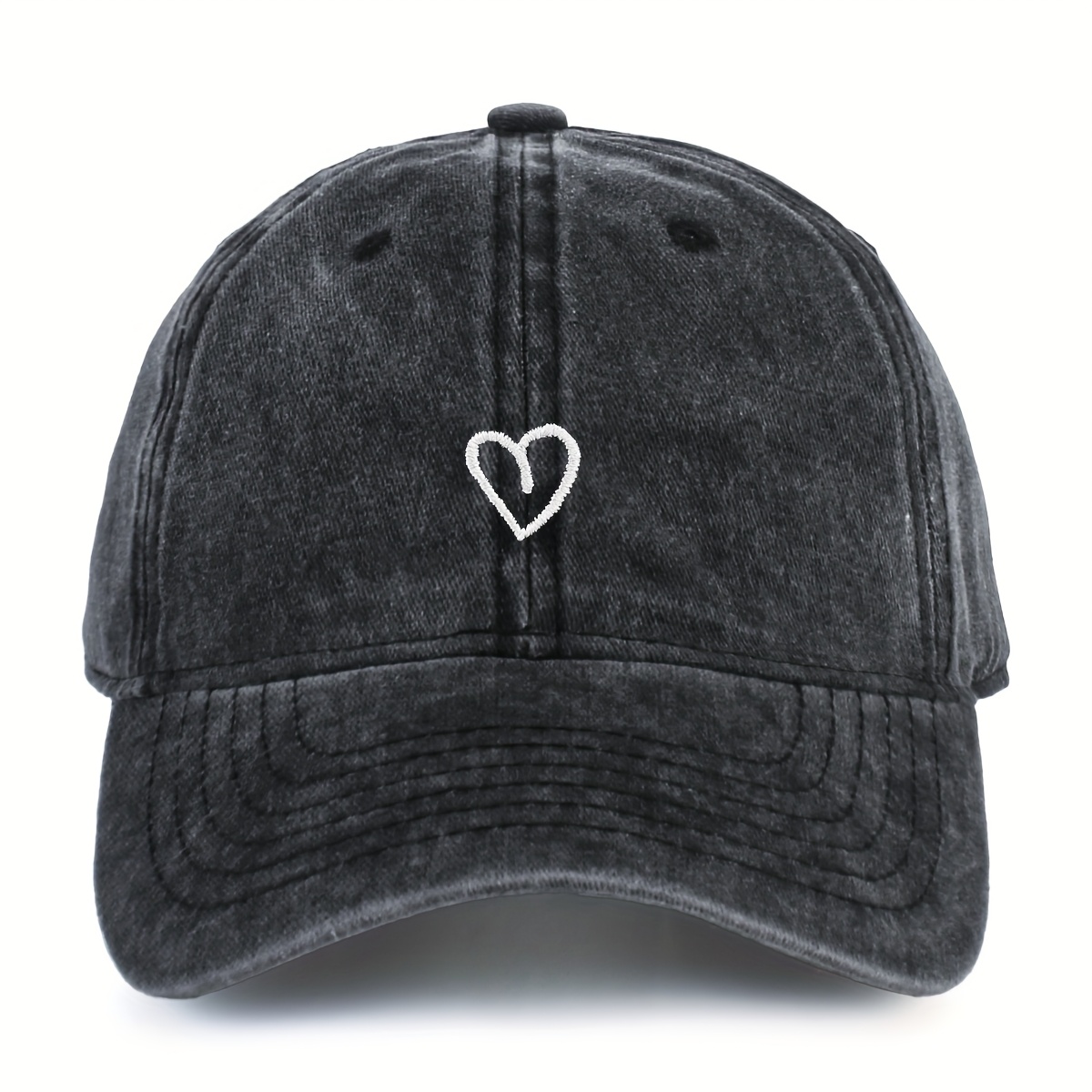 Women's Vintage Baseball Cap With Heart Embroidery - Adjustable Washed Casual Hat For Daily Use, Outdoor Summer Accessories