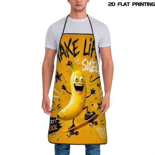item picture 1pc face banana skateboard print apron adjustable waist suitable for baking dishwashing skateboarding durable polyester bib apron for fun apron for household use easy to banana skateboard