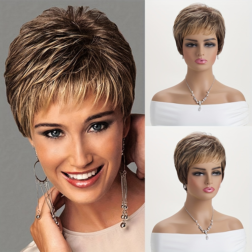 

Chic 10-inch Mixed Brown Short Curly Wig With Side Bangs For Women - Synthetic Fiber, Heat Resistant, Casual Attire