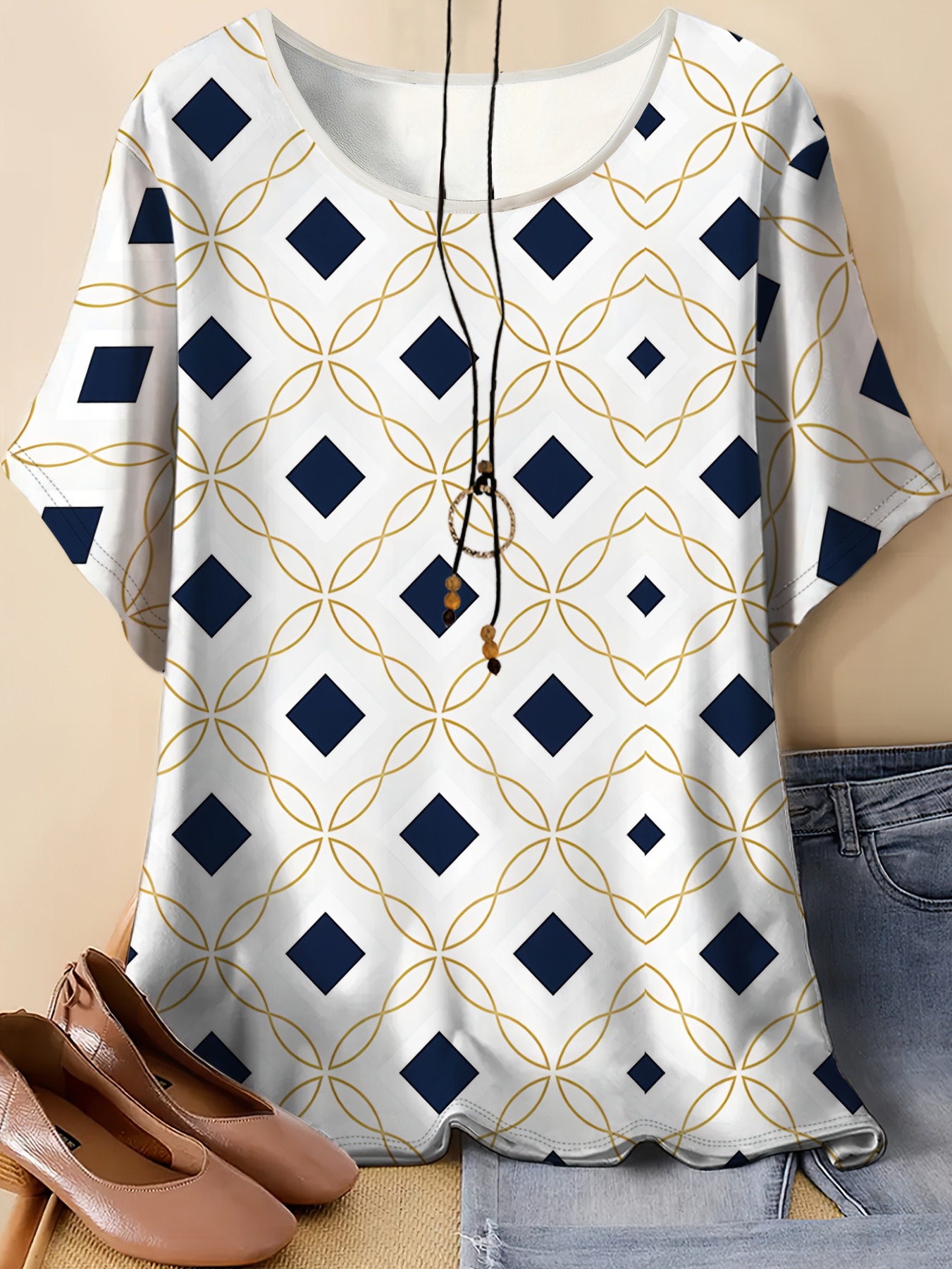 item picture geometric pattern loose short sleeve t shirt womens summer casual top white printed crew neck pullover