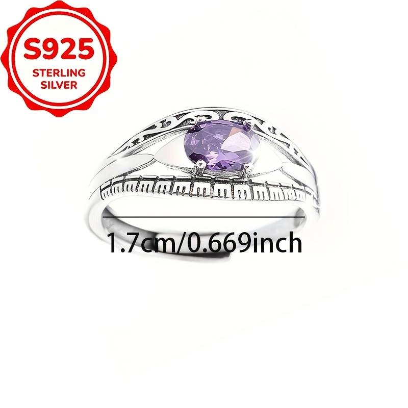 Women's S925 Silver Vintage Carved Purple Zirconia Open Ring