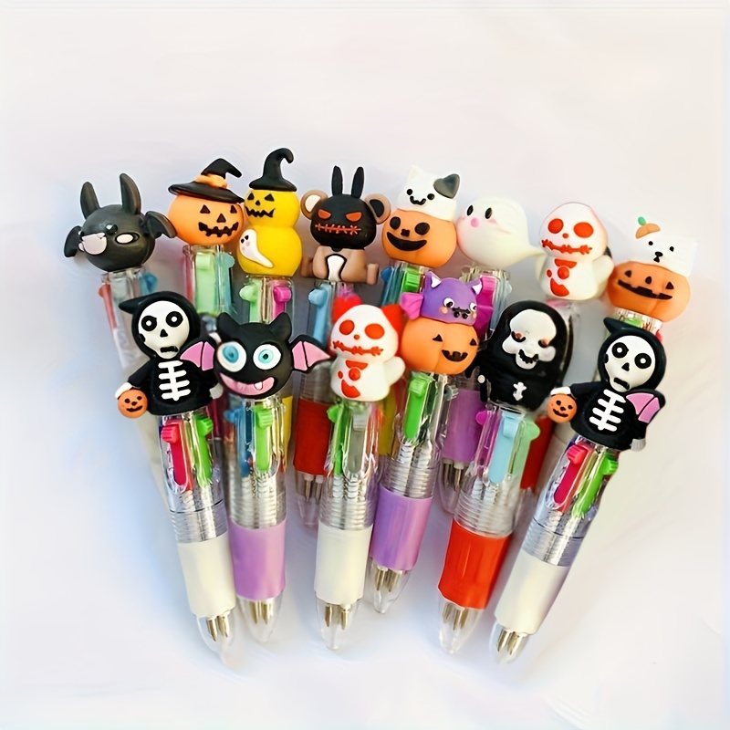 set di 30 penne mini a tema halloween con toppe di personaggi spaventosi in un mix di   colori (verde, blu, rosa,  ). queste penne in plastica robuste non richiedono batterie e     come ricordo di festa, regalo e forniture per ufficio.