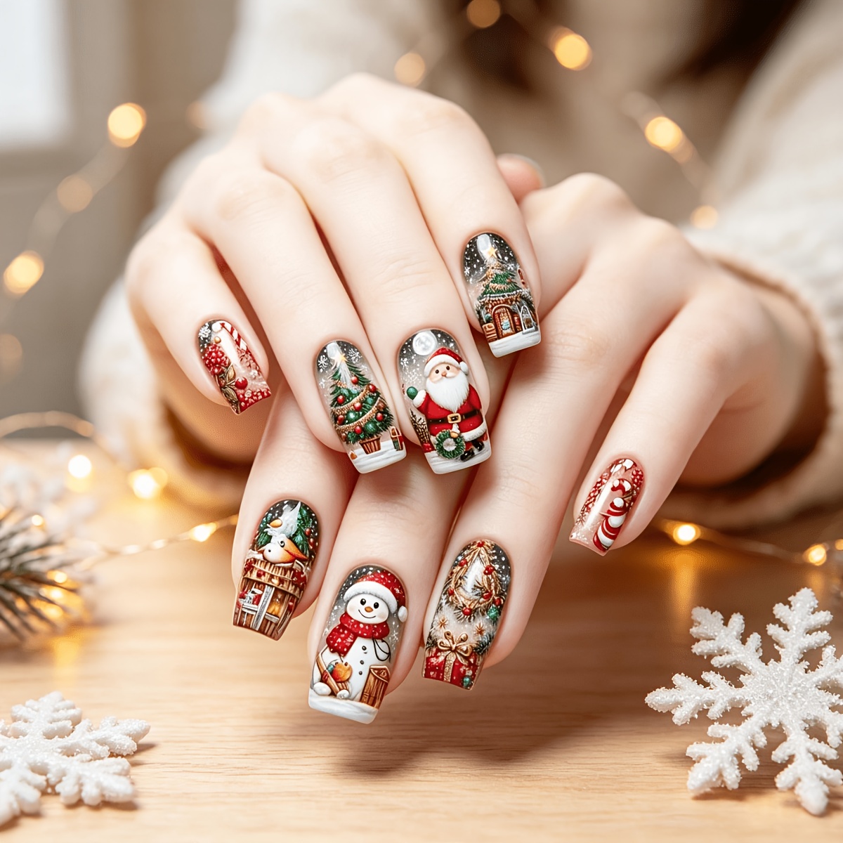 TEMU 24 uñas postizas cuadradas de media para Navidad, diseño de y árbol de Navidad, con pegamento de gelatina y lima de uñas, ideales para fiestas y