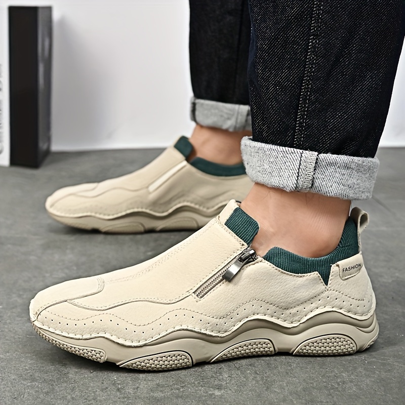 mens slip on casual sneakers breathable synthetic upper non slip rubber sole comfortable fabric lining zipper detail beige   outdoor sports casual attire 4