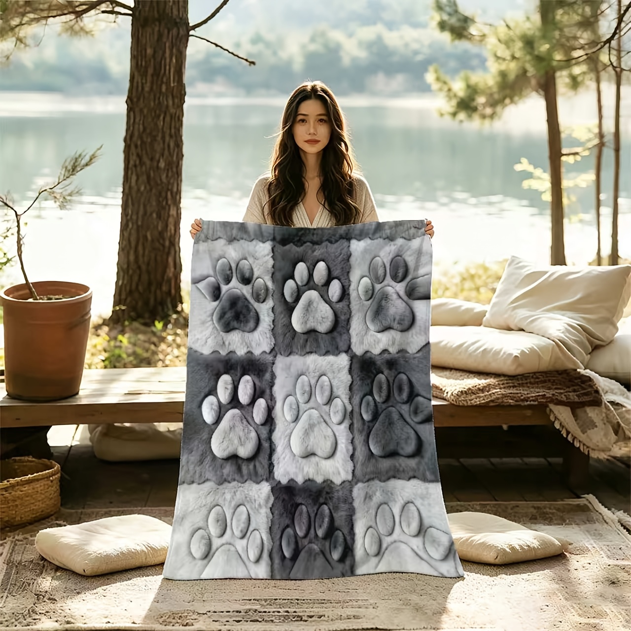 TEMU 2d Flat Print 1pc Modern Fashionable Gray Cat Paw Checkered Print Blanket, Soft, Warm, And Lightweight, Suitable For , Machine Washable -