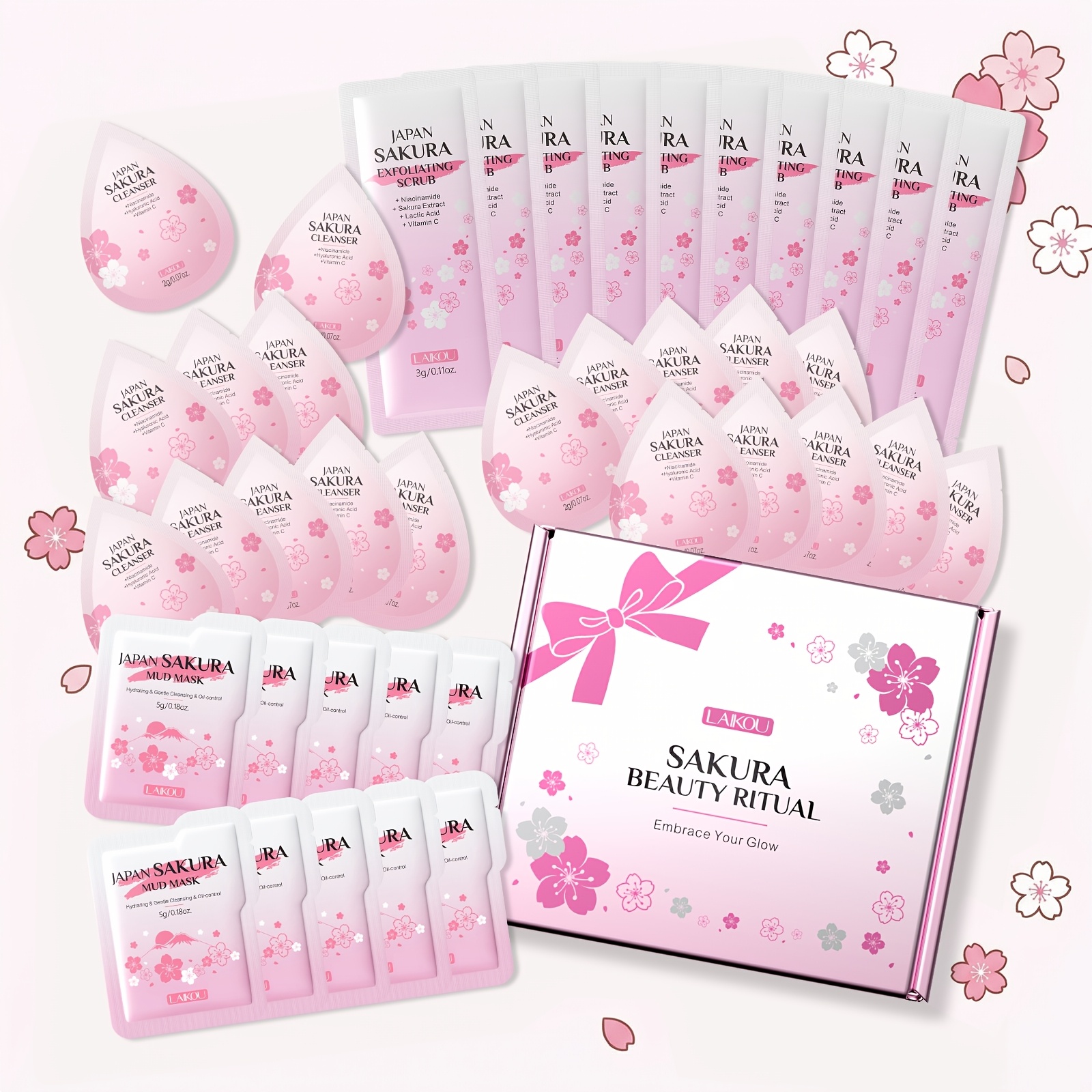 Image of Sakura Summer Travel Must Haves, Pores Softening & Set, With 2g/0.07oz Face Wash, 5g/0.18oz Mud Mask, 3g/0.11oz Exfoliating Scrub, Birthday Gift Box Set For Teens, First Skincare Routine, School Gift