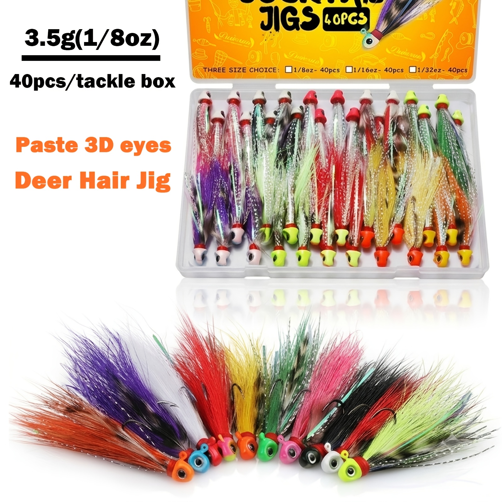 TEMU Dovesun Offers A Set Of 40 Deer Hair Crappie Jigs Featuring , Hand-tied In 10 Different Colors. Fishing Jigs Come In Weights Of 1/32oz, 1/16oz,