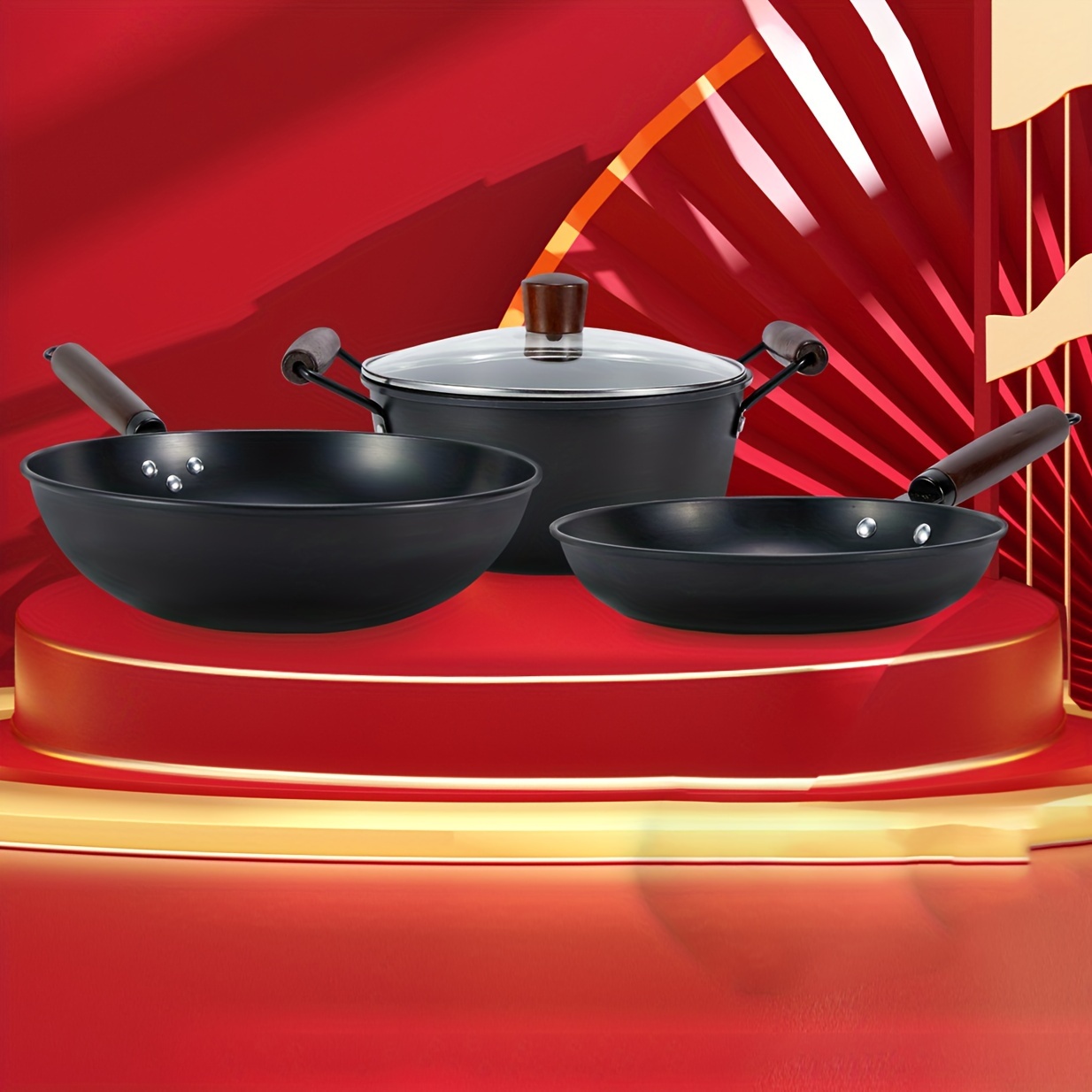 3pcs   set 12 wok 9 5 frying pan 9 5 soup pot with charcoal wood handles rust resistant high heat resistant for all cooking needs details 10