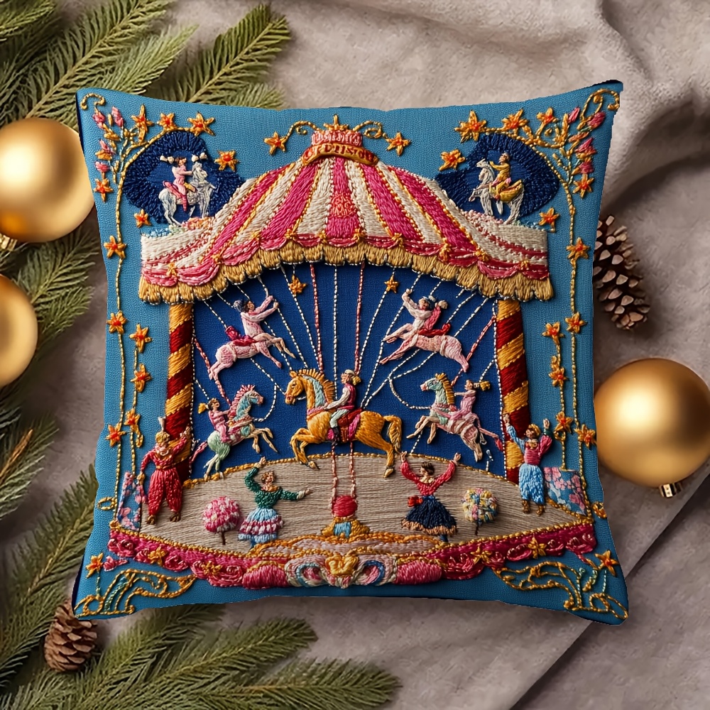 

1pc Vibrant Circus-themed Double-sided Polyester Throw Pillow Cover 18x18 Inch - Carousel & Acrobats Design, Zip Closure, Machine Washable For Home & Party Decoration, Circus Theme Party Decorations