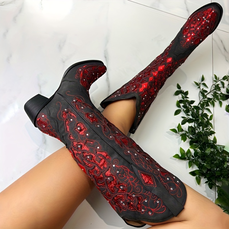 

Women's Rhinestone Embellished Cowboy Boots, Vintage Style Pu Leather, Western Chunky Heel, Pointed Toe, Knee High Pull-on Cowgirl Boots, Mid Calf Fashion Boot
