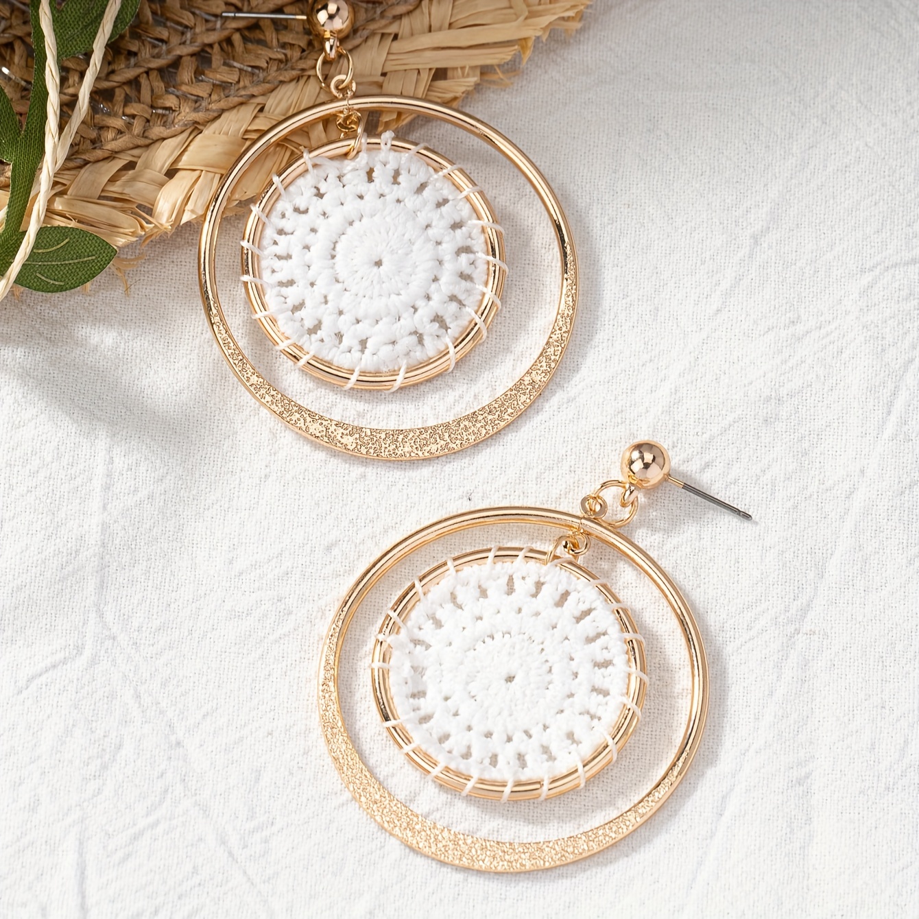 Image of A Pair Of Woven Frosted Metal Stud Earrings, Perfect For Vacation And Casual Attire