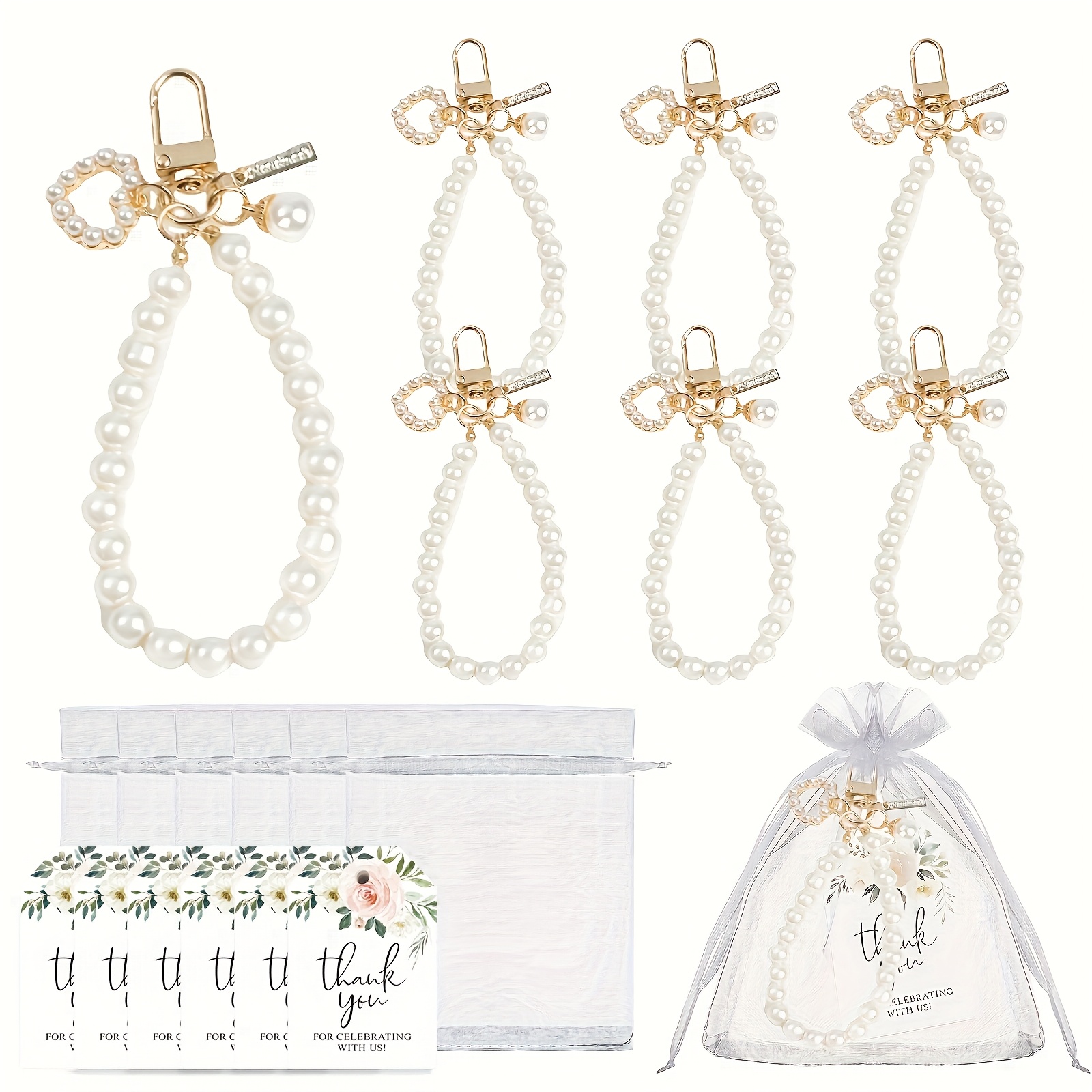 Image of 18pcs/set Elegant Keychains Set- 6pcs Elegant Keychains With 6pcs Thank You Labels And 6pcs White Gauze Bags - Perfect For Bridal Showers, Birthdays, And Wedding