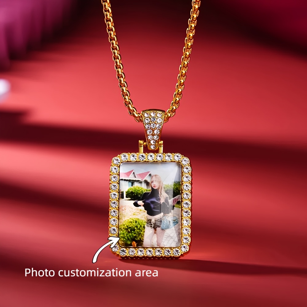 TEMU Custom Photo Pendant Necklace, Square -encrusted, Elegant Zinc Alloy, Personalized Keepsake, Ideal For Anniversary, Valentine's Gift, Daily & , Thanksgiving, Jewelry