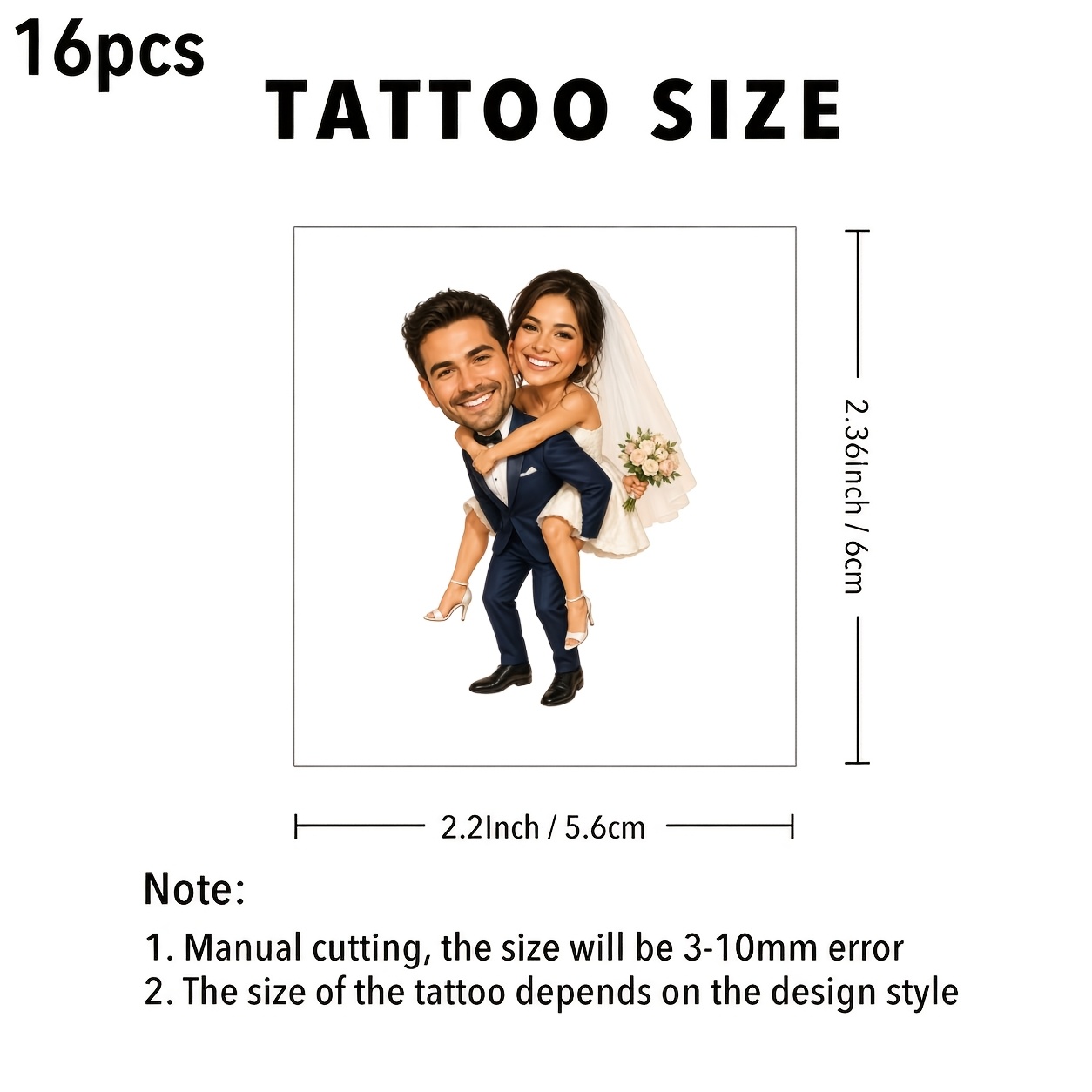 TEMU 16pcs Custom Tattoo, Bride And Groom Portrait, Temporary Tattoo Stickers, Custom Illustration Design, Easy To Apply, Suitable For Face And Body