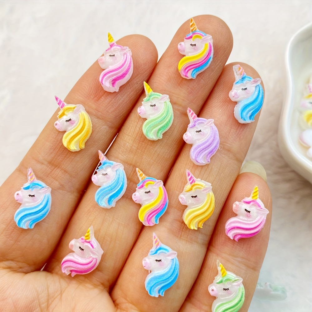 Image of 50pcs Of Colorful Cartoon Unicorns With Flat Backs, Rhinestones, And Stickers For Wedding Decorations, Scrapbooking, And Nail Art Additions