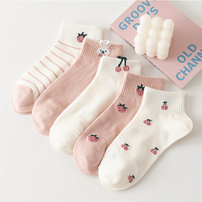 5 pair womens ankle socks featuring cute strawberry and bunny patterns designed for and a style suitable for