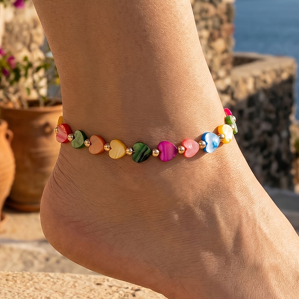 E-shop 1 Stück Damen Fußkettchen Bohemian Vintage Herz Element Perlen Fußkettchen Geeignet für Strandurlaub Urlaubsgeschenk (Zufällige Herz Element