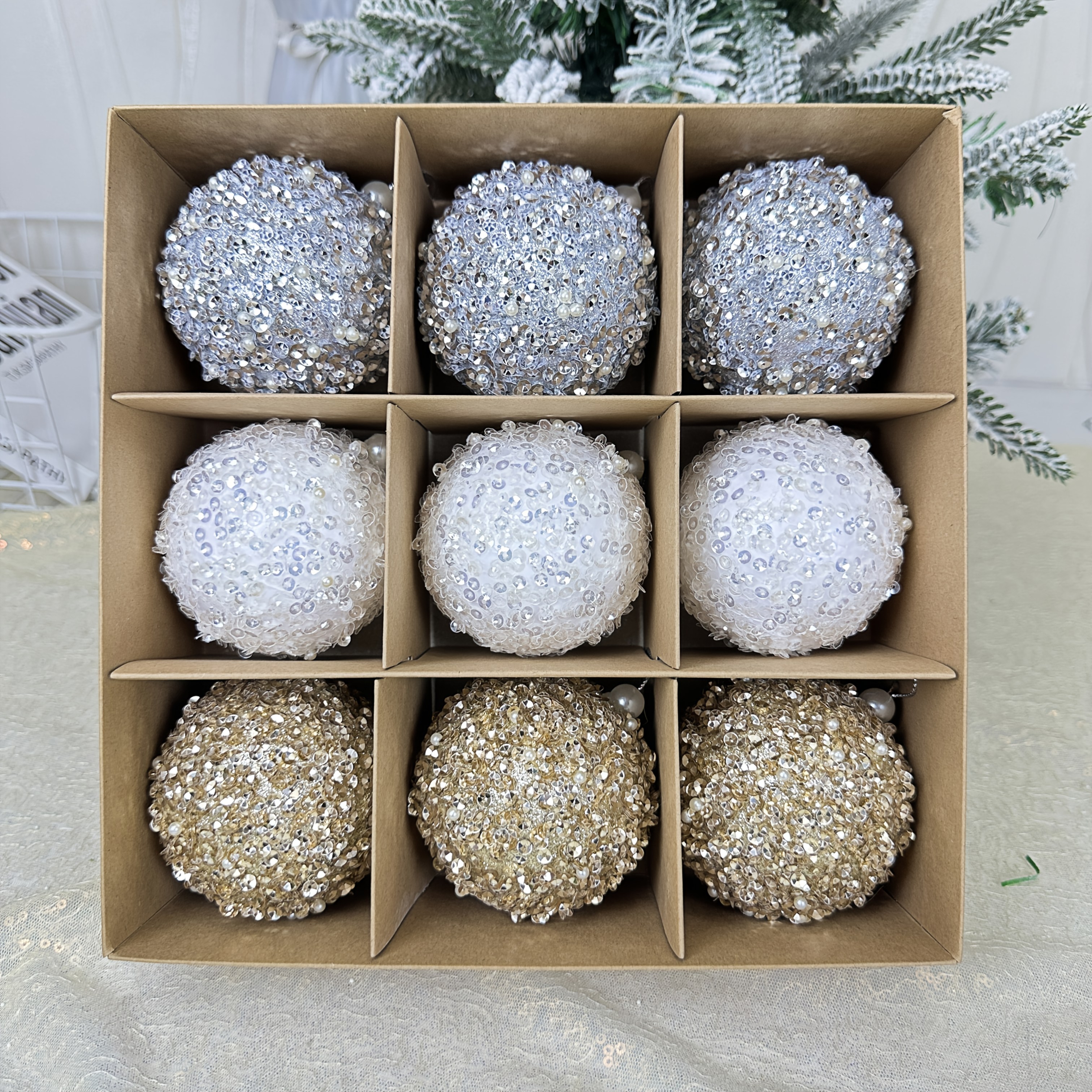 New Set Of 9 Pearl Glitter Christmas Ornaments, Decorations For The Christmas Tree