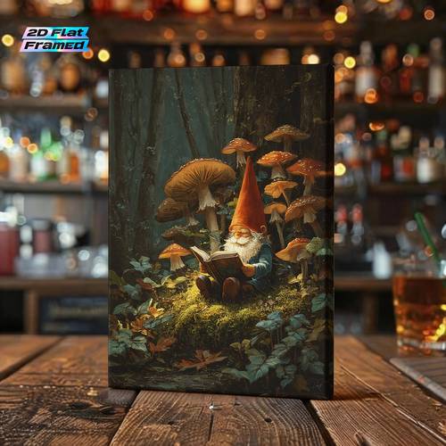 2d flat 1pc framed forest gnome reading book wall modern suitable for living room room decor wrap around canvas frame with hanging hooks picture for home office study dining room decoration 2d flat