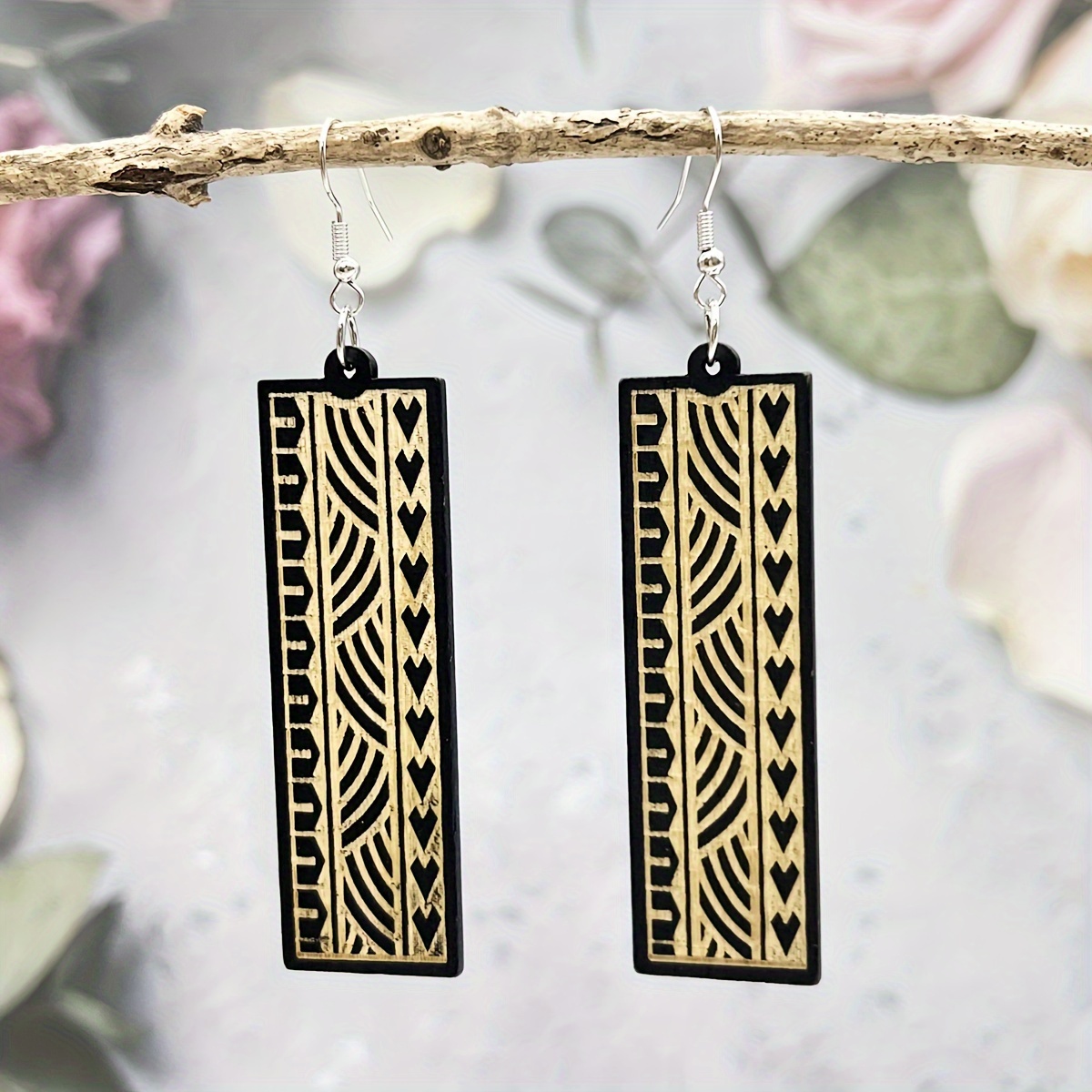 Boho Wooden Earrings Set, Vacation Style Long Carved Exaggerated Earrings