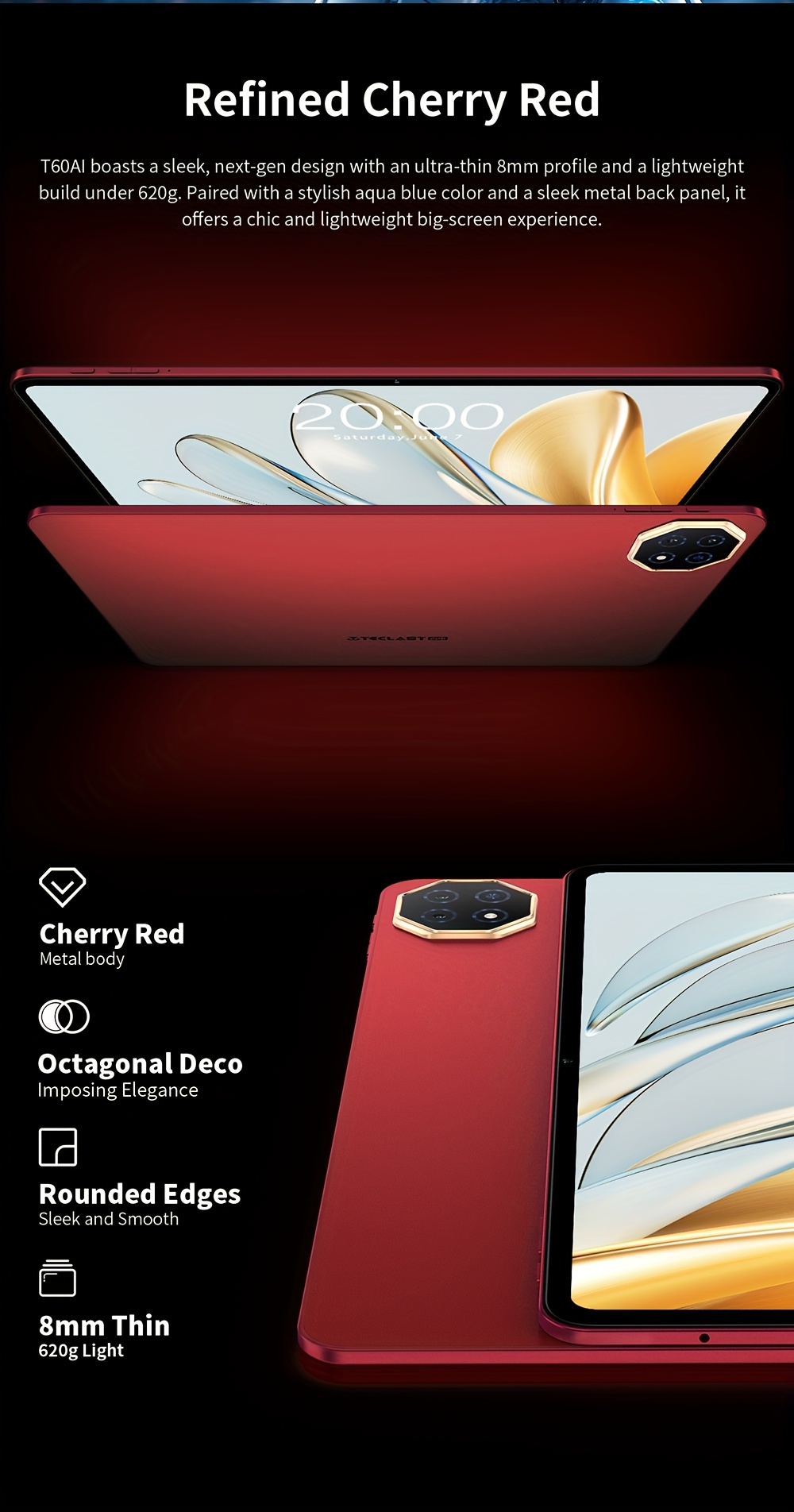Teclast T60 AI Tablet PC 12-inch Pad with 16GB RAM (6GB+10GB Extendable), 128GB ROM Storage, Supports 1TB TF Card, 2K Display (2000x1200 Resolution), 90Hz Refresh Rate, Split Screen, Android 15 with AI Text Extraction, Metal Unibody, 8000mAh Battery