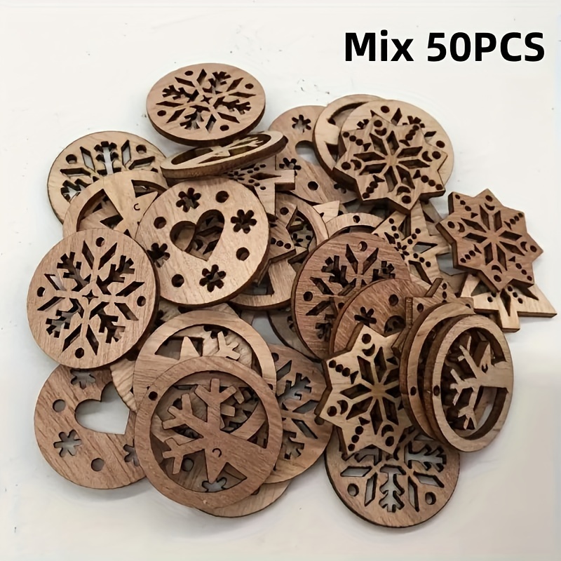 TEMU Mix 50pcs, Wooden Hollow Snowflake Reindeer Shaped , Painting Graffiti Decoration, Family Gathering Holiday Decoration, Small Additions, Wooden