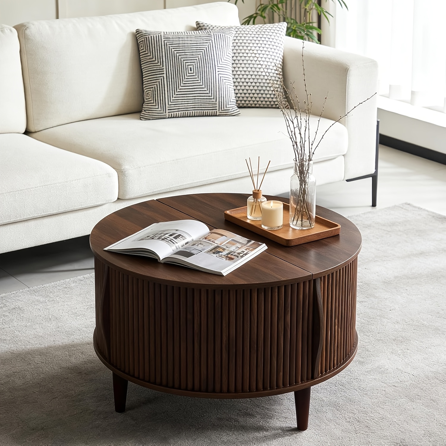 TEMU A Round Coffee Table In Mid-century Featuring Storage, Measuring 31.69 Inches, With A Fluted Center And A Sliding Door, Plus A Two-tier Rustic Wood Top Suitable For The Living Room
