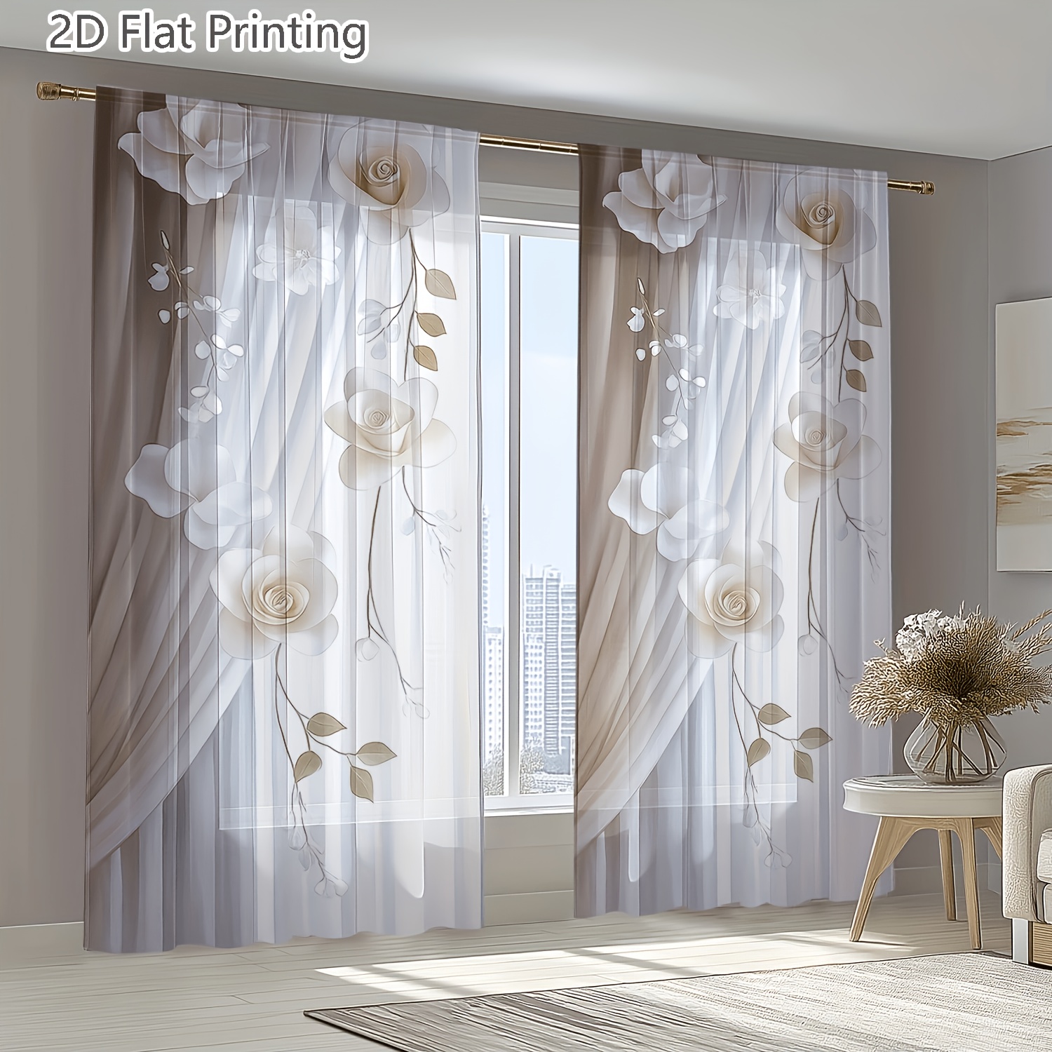 TEMU Ensemble de 2 rideaux plats 2D - Impression 2D - Faciles et tendance, charme nostalgique, matériau en fibre de polyester semi-transparente,