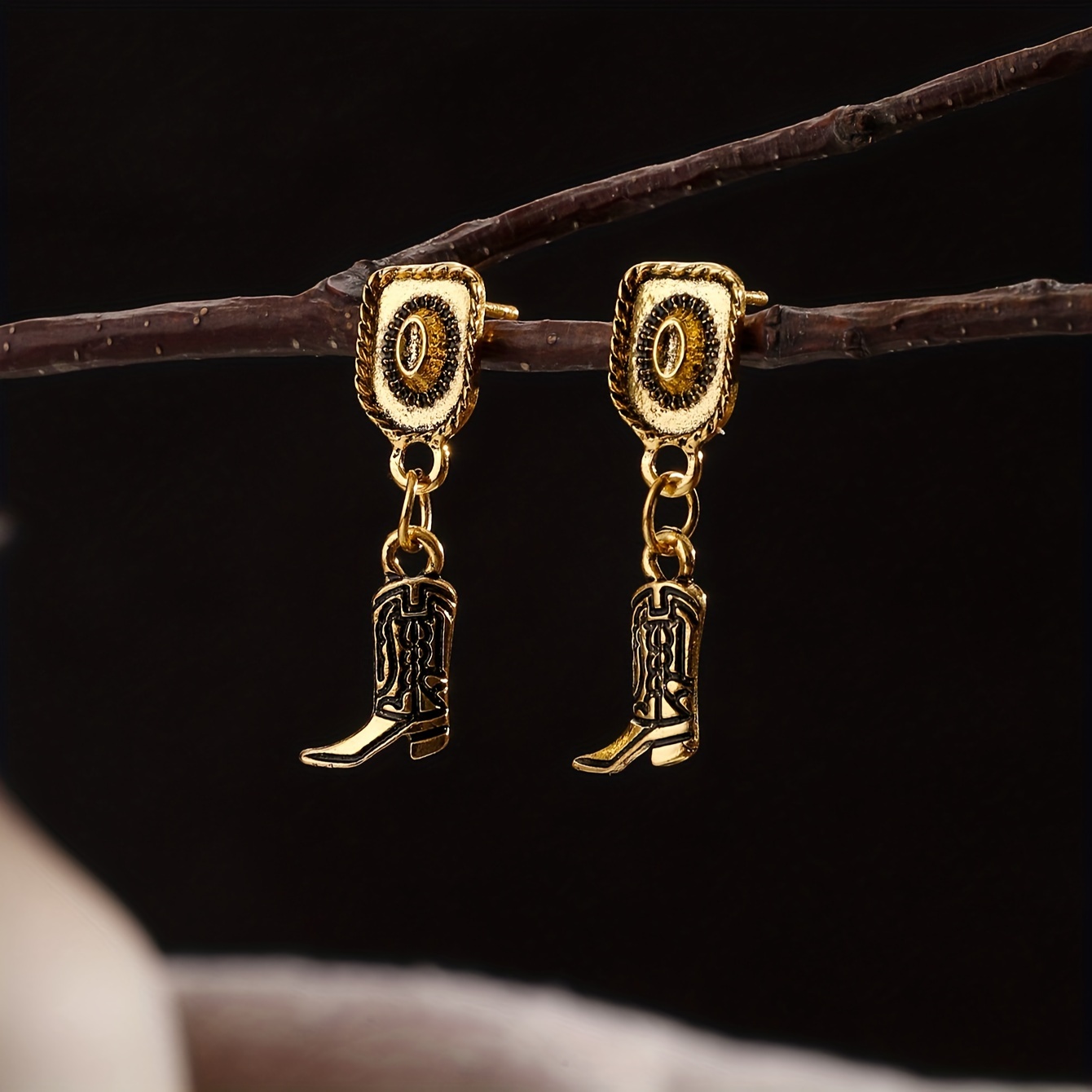 Image of 1 Pair Of European/ Western Cowboy Style Alloy Cowboy Hat And Cowboy Boot Stud Earrings For Women, For Daily Wear