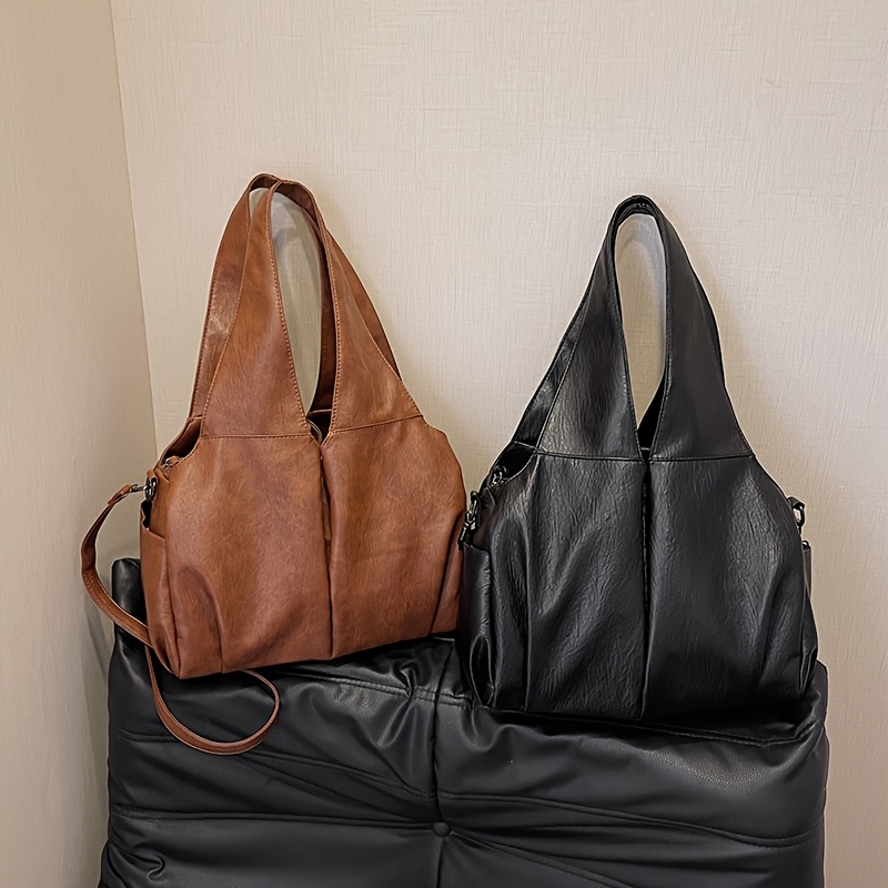 

Sac à Épaule Chic Grande pour Femmes - Sac Bandoulière & Sac à Dos Polyvalent pour et l'École, Couleur Unie en Marron Foncé/Noir, Matériau PU avec Doublure en Polyester