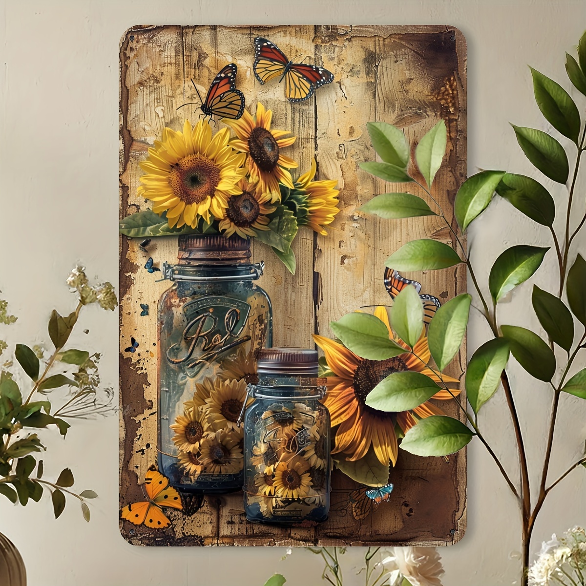 [2D Flat] Vintage Sunflower Metal Iron Sign - Rustic Wall Decor with Mason Jar and  , 20.32x30.48 cm, Indoor/ Outdoor Use, Suitable for Home, Garden, Cafe or Garage, Garden Decor | Vintage   | Durable Iron Sign, Outdoor Wall Decor,   Room Decor, Waterproof and Weatherproof Decor,   Universities, Bathrooms, Caves, Bars, Cafes, Garages, Farmhouses, for Man Caves - Black Vintage Poster Gifts,   Room Decor