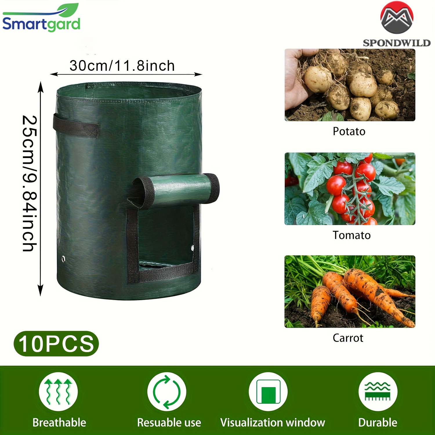 Image of 10-pack Potato Grow Bags - Reusable Pe Fabric Planting Bags With Observation Window For Potatoes, Tomatoes, Carrots & More - 4 Sizes, Heavy-duty, (3/5/7/10 Gallon)