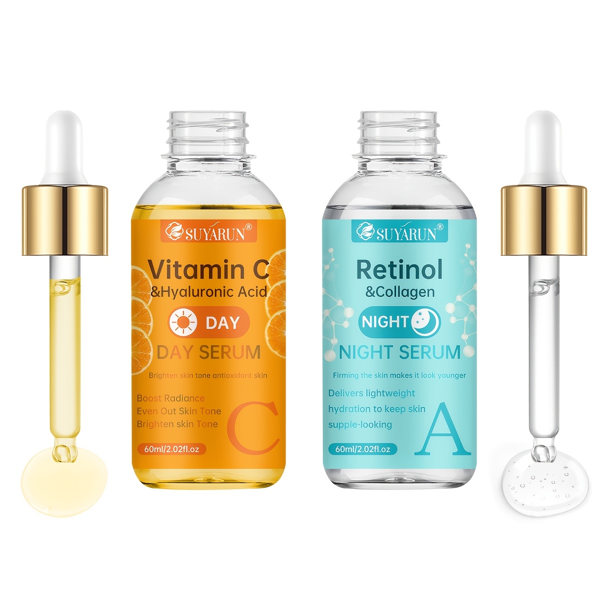 Image of Suyarun 2pcs Vitamin C + Retinol Serum Set, Collagen + Aloe Vera + Centella Asiatica, Light Beige, , Moisturize & Soften Skin, Gentle Non-irritating, Suitable For Types, Unisex, 2-in-1 Skincare.