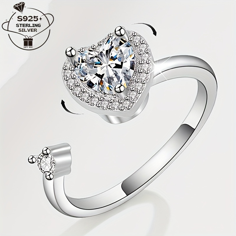 

(total Weight Approximately 2.6g) 1pc925 Silver, Rotatable Heart-shaped Ring With Adjustable Opening For Ladies. Inlaid With Sparkling Synthetic Zirconia, A Luxurious And Perfect Valentine's Day Gift.