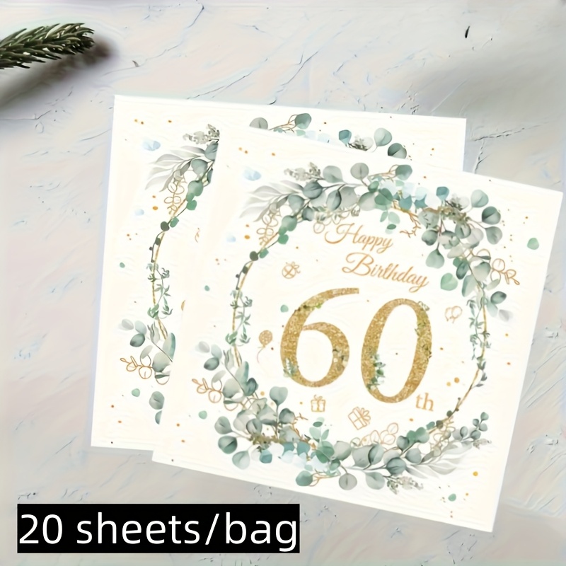 E-shop 20er-Pack 60. Geburtstag Servietten – Doppelschichtige Elegante Goldglitzer-Blumenkranz-Design mit Türkis & Grün, Premium Papierparty-Dekoration